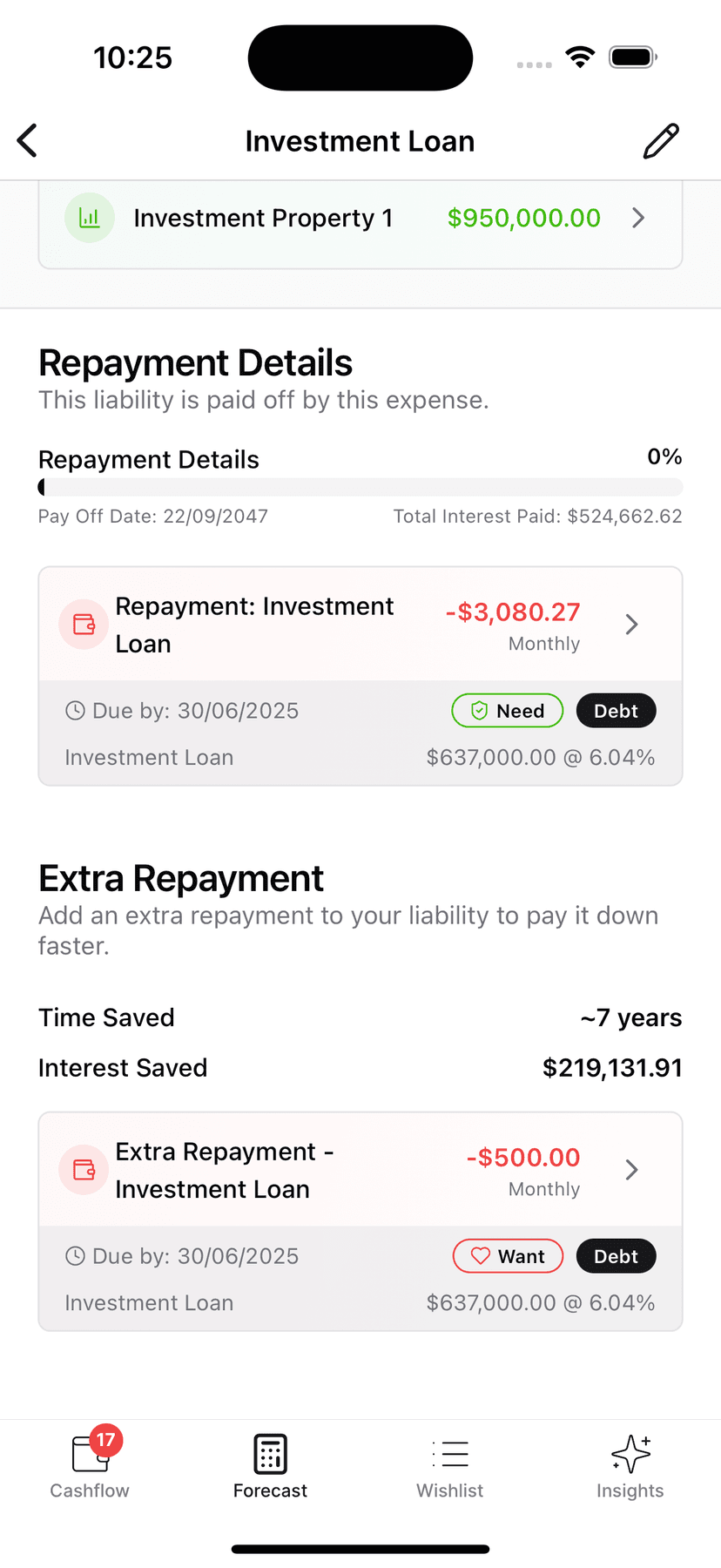 App screenshot showing liabilities insights
